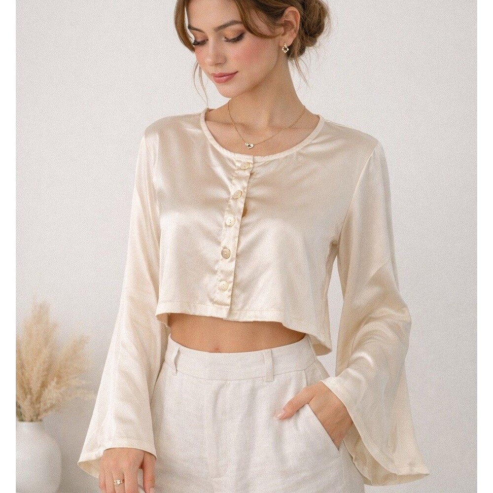 12th Tribe Women’s Top Blouse Satin Bell Sleeve Button Front Ivory Cream Large
